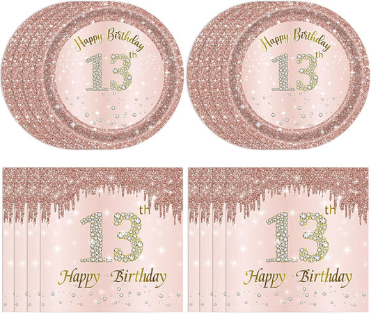 13th Birthday Party Decorations for Girls Pink Rose Gold Birth Theme Supplies Include 20 Plates 20 Napkins Sweet Thirteen Year Old Birthday Party Tableware for Girls Kids Children
