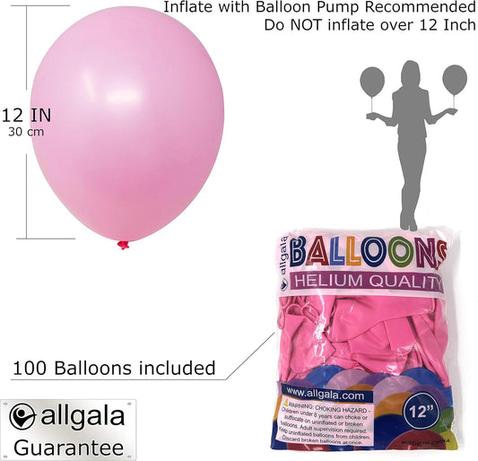 Allgala Latex Balloons for Parties | Helium Grade Bulk Balloon Pack | Ideal for Birthday Party Decorations, Baby Shower, Christmas Party | Colored Balloons for Events | 100ct 12" - Pink