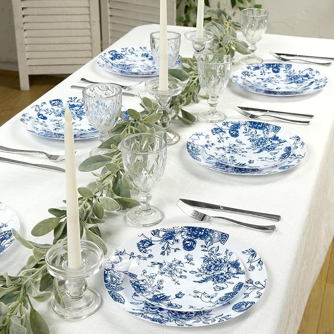 Efavormart 10-Pack French Toile Plastic Dessert Plates – Blue & White Floral, 7" Round Disposable Salad Plates