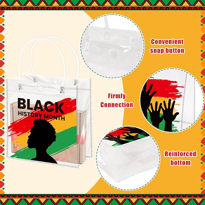 H1vojoxo Black History Gift Bags - 24PCS Black History Month Clear PVC Gift Bags With Handle for School Family Gathering Party Decorations Reusable Clear PVC Goodie Treat Bag for African Party Favors