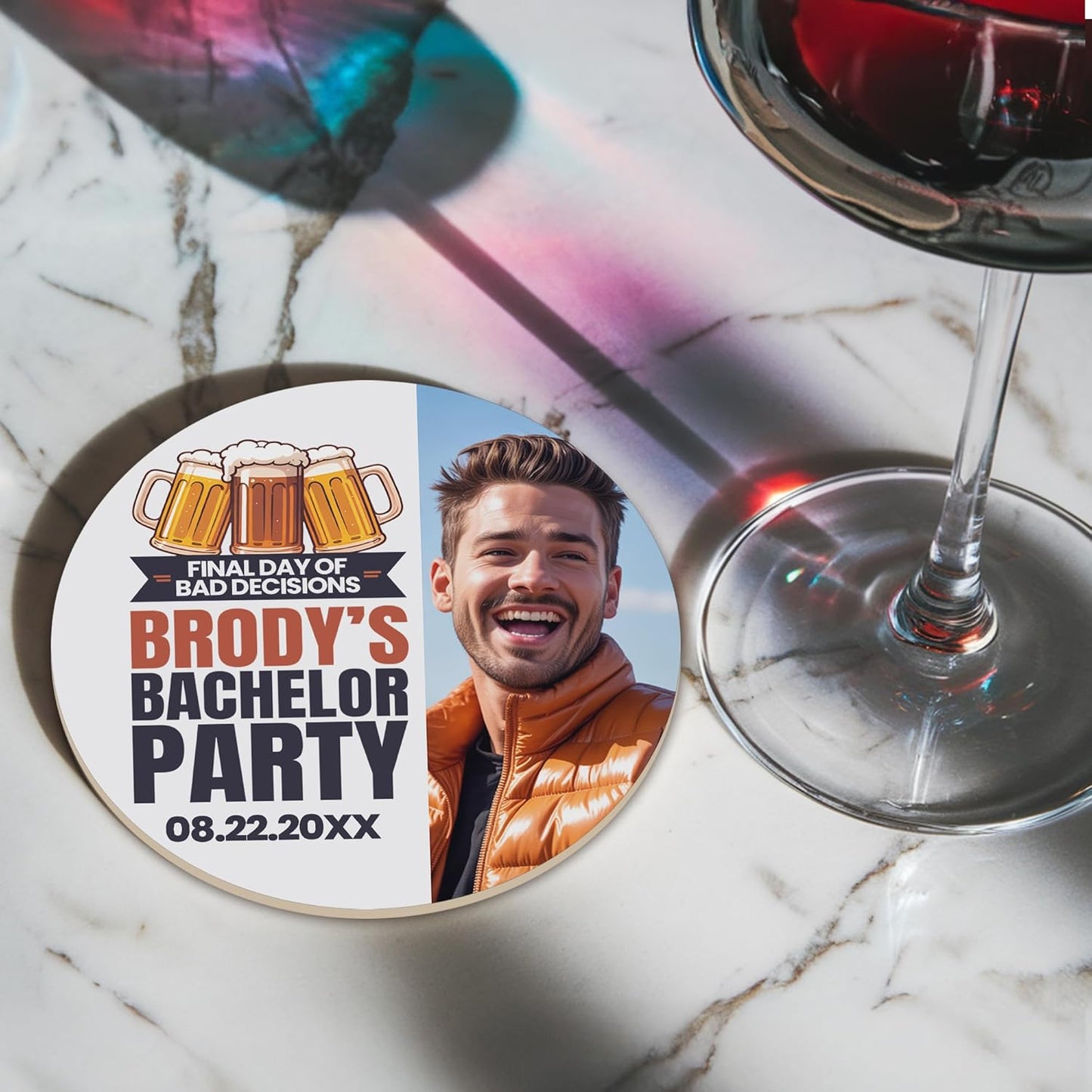 60 Pack Personalized Bachelor Party Coasters, Custom Cardboard Drink Coasters with Photo Print and Text, Fun Bachelor Party Favors and Gifts, 3.95" Round, Design 2