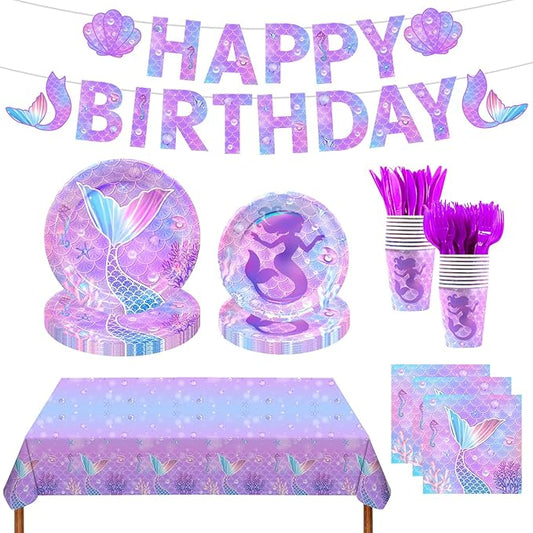 182pcs Mermaid Themed Plates and Napkins Set,Mermaid Birthday Party Decorations for Girls Birthday Party Supplies,Serve 30 Guests