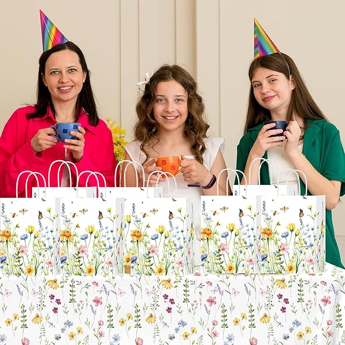 HongXingHai Wildflower Party Favor Bags 16Pack - Heavy-Duty Paper Gift Bags with Handles for Spring Garden Weddings, Bridal Showers, Birthday Tea Decorations