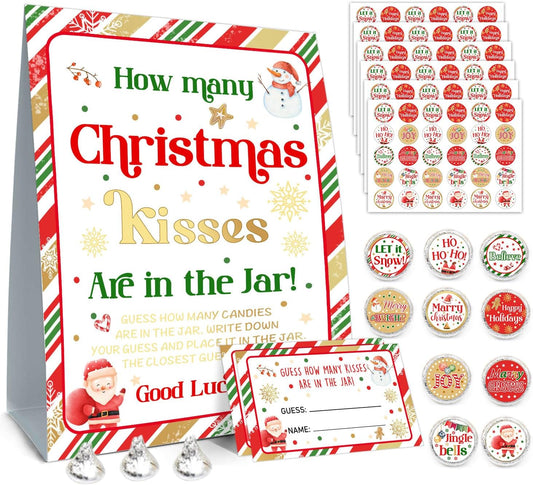 Guess How Many Christmas Kisses Game, How Many Kisses Standing Sign 50 Guessing Cards 180 Christmas Kisses Stickers, Christmas Games for Adults, How Many Kisses Christmas Game Set for Christmas