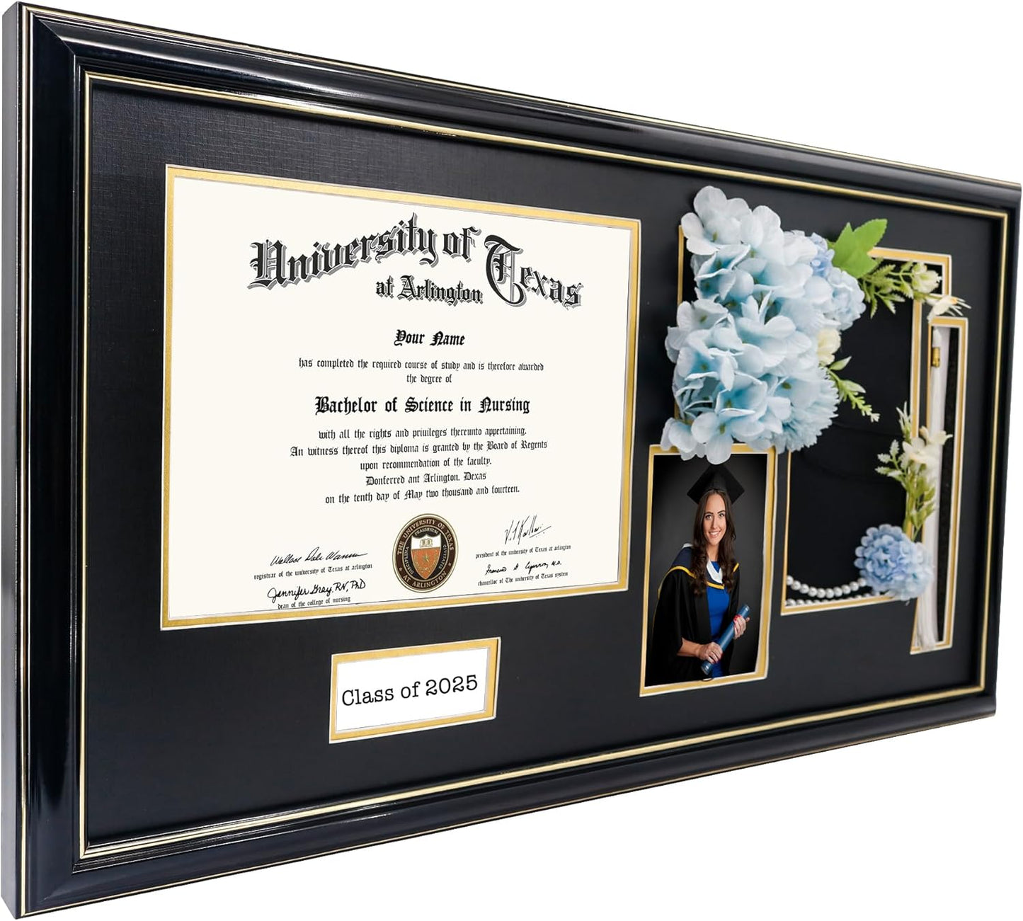 GraduationMall Class of 2025 Graduation Frame for 8.5x11 Diploma & 4x6 Photo with Graduation Cap & Tassel Holder, Black Wood Display Case with Black Gold Mat