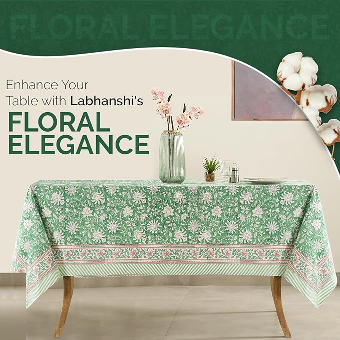 Labhanshi Indian Block Print Table Cloth-Floral Handmade Cotton Rectangle Linen Tablecloth 72x108 Inch| Spring St. Patrick Party Birthday Easter Table Cloth|8 Seater Camping Table Cover|Green Leaf