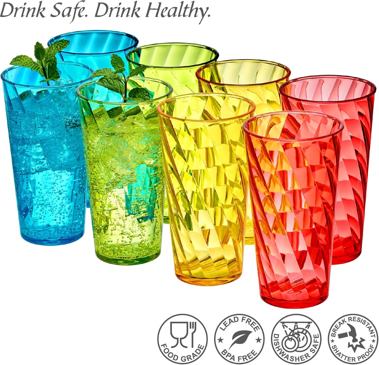Amazing Abby - Glacier - 18-Ounce Plastic Tumblers (Set of 8), Mixed-Color Reusable Plastic Cups, Stackable, BPA-Free, Shatter-Proof, Dishwasher-Safe
