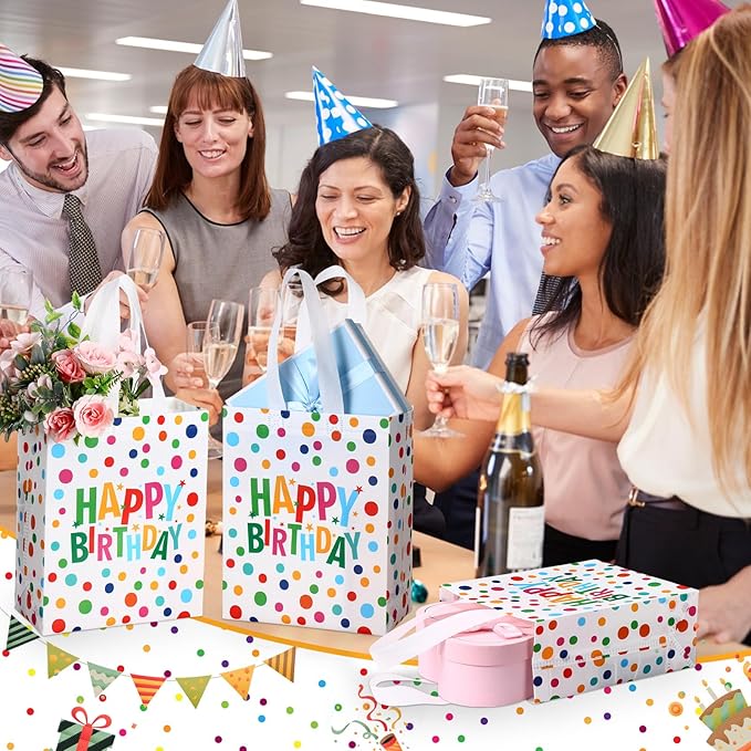 Supervitae 24 Pack Happy Birthday Gift Bags Bulk Medium Rainbow Polka Dot Party Favor Bags Reusable Totes Non Woven Goodie Totes for Birthday Baby Shower Wedding Party Supplies(9.8" x 7.9" x 3.9")