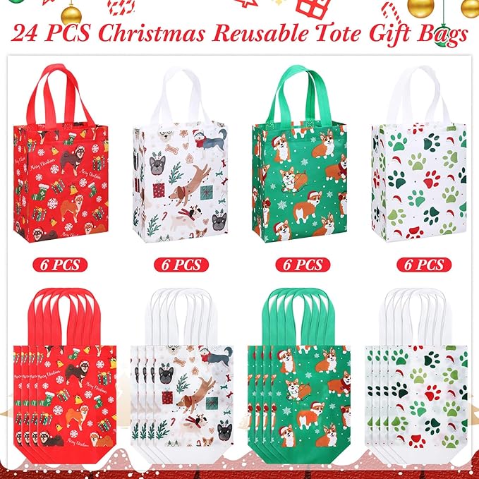 Wesnoy 24 Pcs Christmas Dog Gift Bags Bulk 10 x 8 x 4 Inch Reusable Non Woven Christmas Tote Treat Goodies Candy Bags with Handles Party Favors Supplies for Xmas Gift Holiday Party Decorations