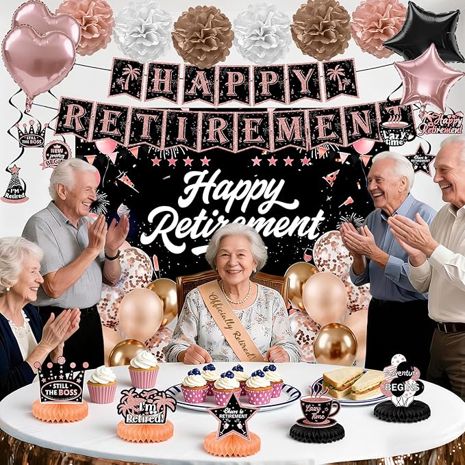 Retirement Party Decorations, Rose Gold Happy Retirement Decorations for Women Happy Banner & Backdrop Hanging Swirls Foil Balloon Retire Sash Paper PomPoms and Honeycomb Centerpieces