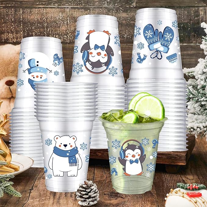 VDESFUEBY 50Pcs 12 OZ Polar Arctic Animals Winter Plastic Cups Winter Wonderland Party Decorations Christmas Holiday Decorations