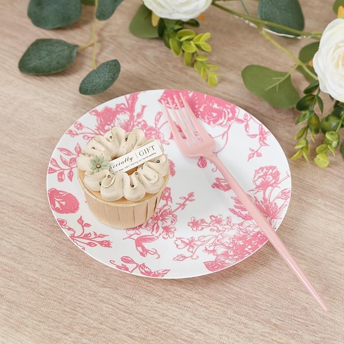 Efavormart 10-Pack French Toile Plastic Dessert Plates – Pink & White Floral, 7" Round Disposable Salad Plates