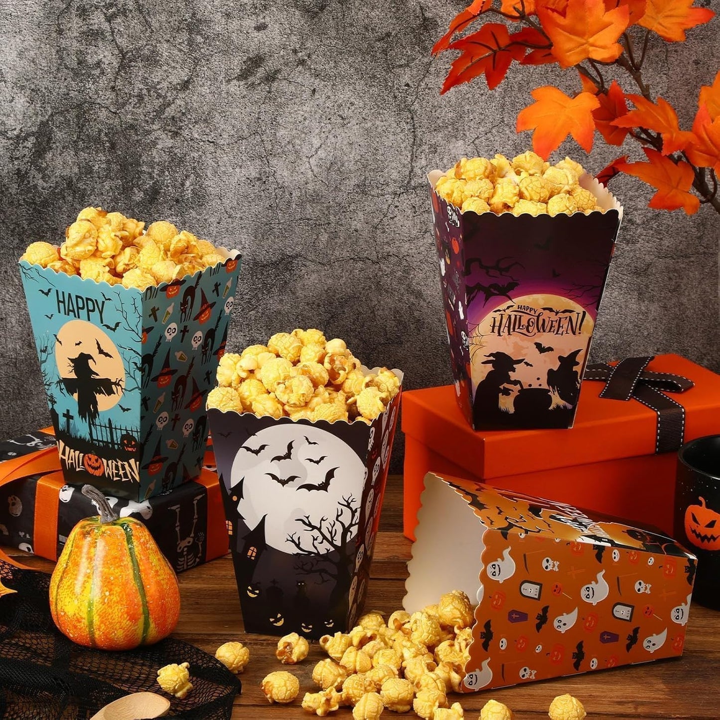 DECYOOL 24 Pcs Halloween Popcorn Boxes, Hocus Pocus Popcorn Boxes Pumpkin Bat Witch Trick Or Treating Popcorn Candy Cookie Treat Boxes for Halloween Theme Birthday Party (4 Styles)