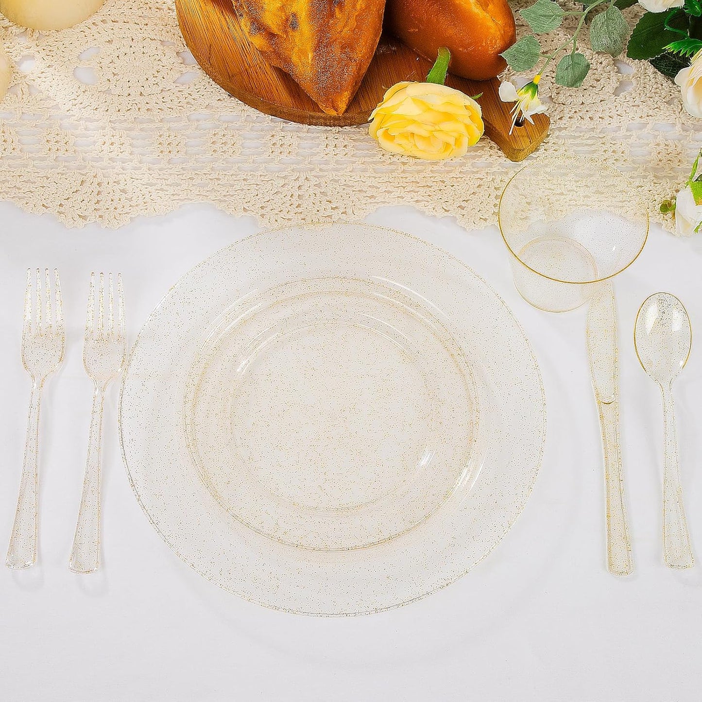 WELLIFE 300 PCS Gold Glitter Dinnerware Set for 50 Guests, Disposable Plastic Plates for Party, 50 Dinner Plates, 50 Salad Plates, 50 Cups Forks Knives Spoons for Wedding and Party Supplies