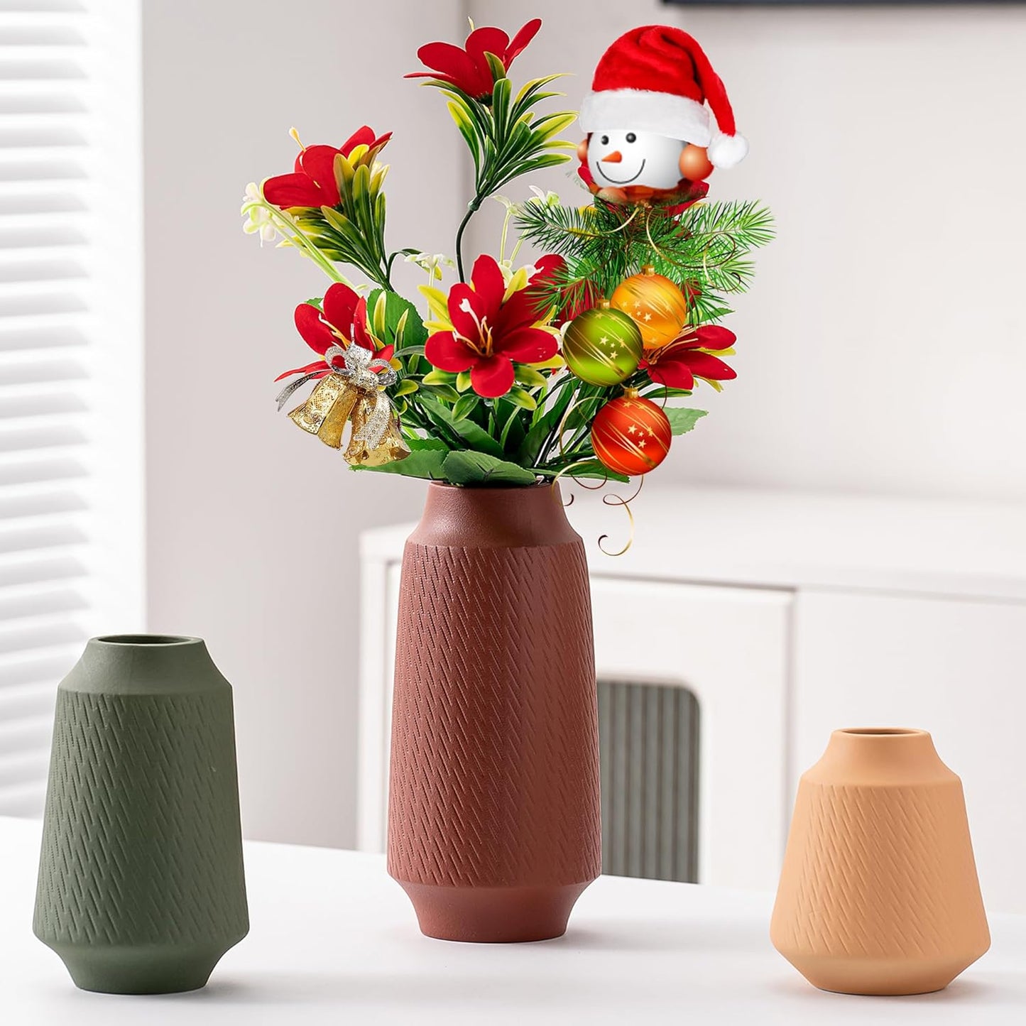 Ceramic Vase Set of 3, Wide Mouth Small Flower 9” Tall Vase Modern for Christmas Home Decor Table Centerpiece Farmhouse Decorative Colorful