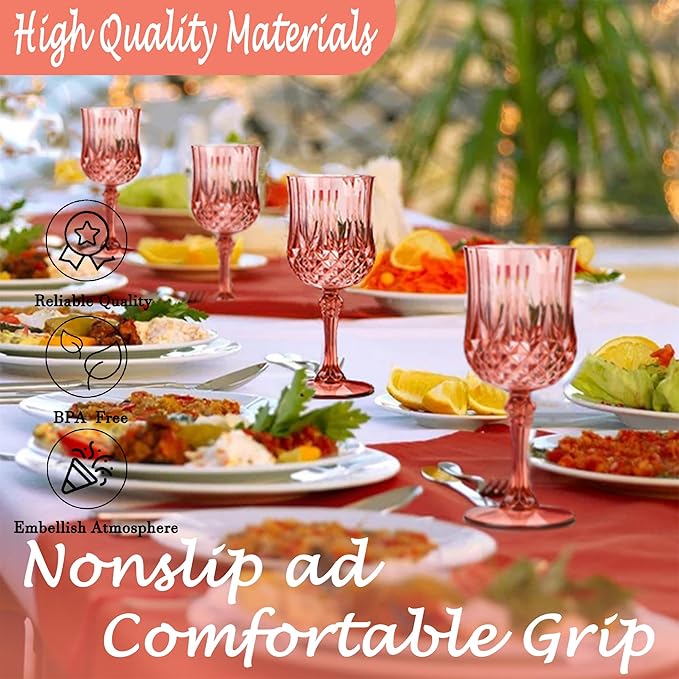 Plastic Wine Glasses, Plastic Goblets Vintage Style Cordial Unbreakable Drinking Glasses, Reusable Drinkware for Wedding Reception, Grand Event Party Supplies, Easter (12, Rose Gold)