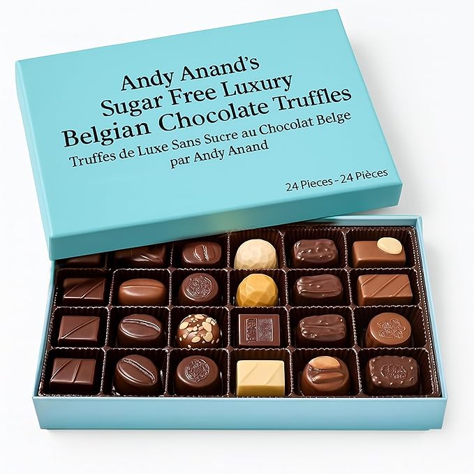 Andy Anand Chocolatier Sugar Free Belgian Dark Chocolate Truffles - Gluten Free & Diabetic-Friendly Chocolate Truffles Gift Box, Assorted Flavors Belgian Truffles With Guilt-Free Indulgence (15 Pcs)