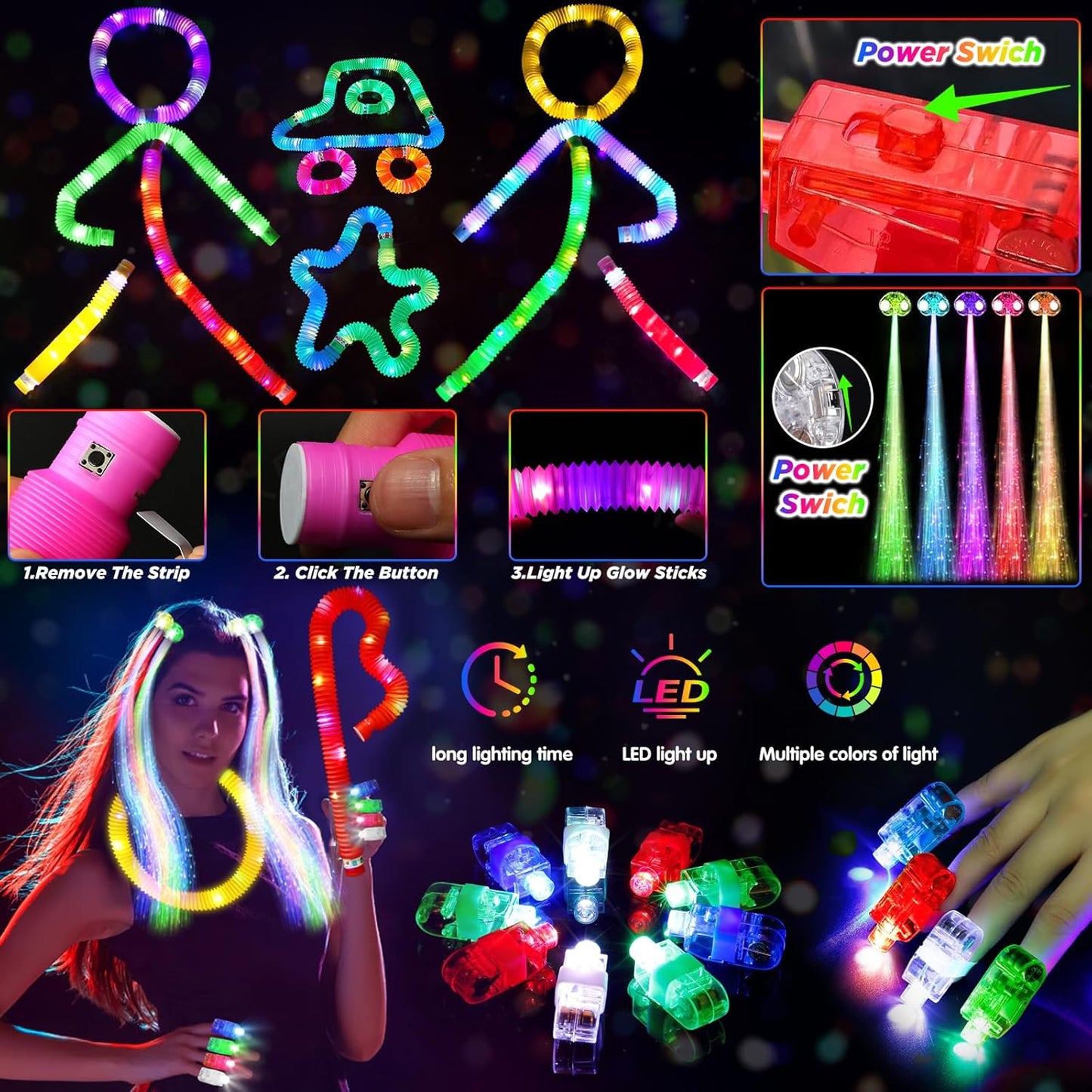 Halloween Party Supplies Glow in the Dark Party Favors for Adults Kids, 27 Carnival Accessories, 56 LED Light Up Toys Bulk, 100 Glow Sticks Party Pack, Neon Party Supplies & Decorations