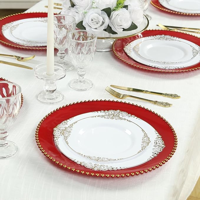 Efavormart 10-Pack Economy Plastic Charger Plates 13" Round Red with Gold Beaded Rim - Stylish Dinner Party Serving Plates
