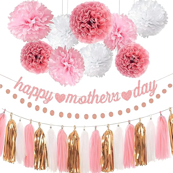 Mother's Day Party Decorations Kits Tissue Paper Pom Poms Flowers Rose Gold Happy Mother's Day Banner Tassel Garland Pom Pom Garlands Polka Dot Paper Garland Hanging Decor for Mother's Day (Rose Gold