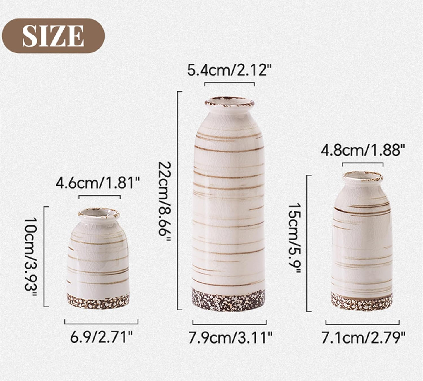 Ceramic Small Flower Vase Set of 3, Glossy Glazed Surface 8.7" Tall Table Modern Farmhouse Decorative Vase for Christmas Home Decor Bookshelf Living Room Bedroom Beige