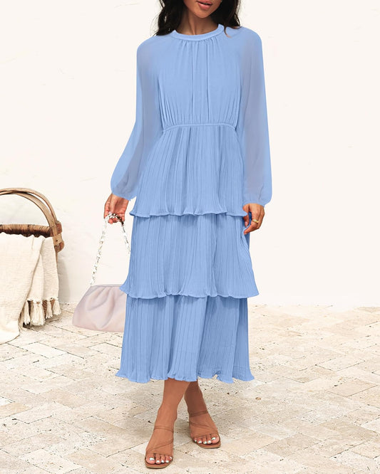 ZESICA Women's 2025 Long Sleeve Crew Neck Ruffle Tiered Layered Chiffon Flowy Swing Long Midi Dress