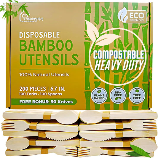 Party-Ready Bamboo Cutlery – 250 Piece Compostable Bamboo Utensils Set [100 Forks,100 Spoons, 50 Knives] Eco-Friendly, Disposable Tableware for Weddings,Picnics Essentials&Events – by Dezenyaa