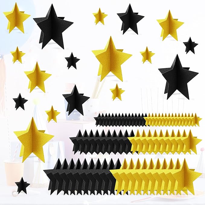 70 Pcs Black and Gold Star Centerpieces Black and Gold Party Birthday Decorations 3D 2025 Graduation Table Decor 3 Sizes 8" 5" 3" Red Carpet Film Show Theme Engagement Anniversary Supplies