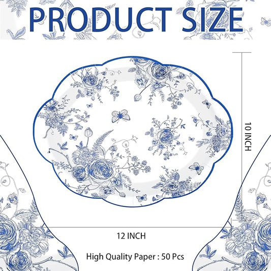 50 Pcs Blue Floral Oval Plates 10" x 12" Large Blue and White Floral Scalloped Plates Disposable Heavy Duty Vintage Flower Dessert Platters for Wedding Bridal Shower Decorations Tea Party Supplies