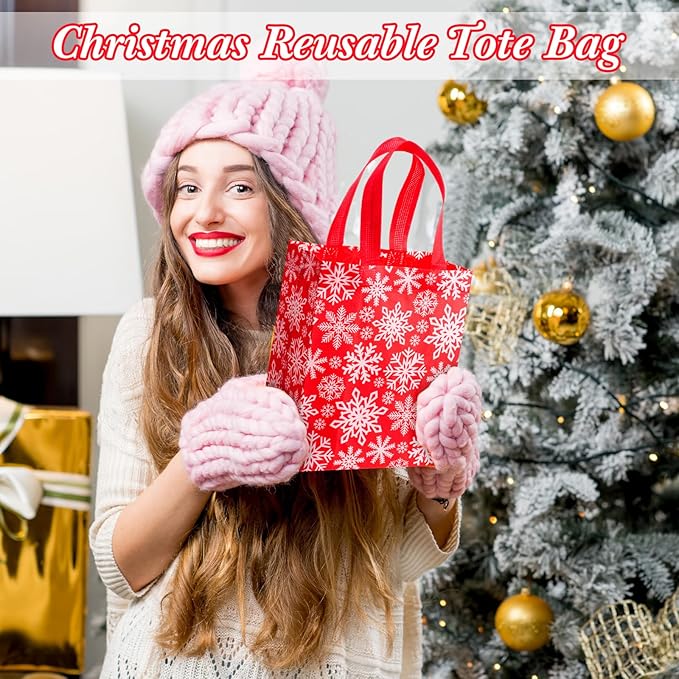 Wovnet 30 Pcs Christmas Bags Bulk Red White Snowflake Winter Merchandise Gift Bags with Handles Reusable Non Woven Tote Shopping Goodie Pouch for Xmas Party Favors 10 x 8 x 4in