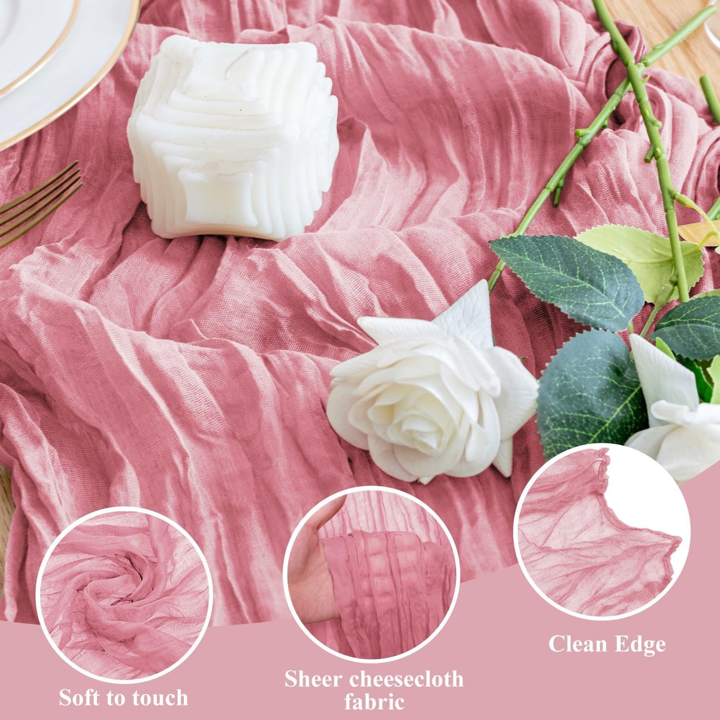 Wokceer Cheesecloth Table Runner 3Pack 10FT Dusty Rose Boho Gauze Cheese Cloth Table Runner for Party Long Rustic Sheer Table Runners for Baby Bridal Shower Wedding Easter Table Decor