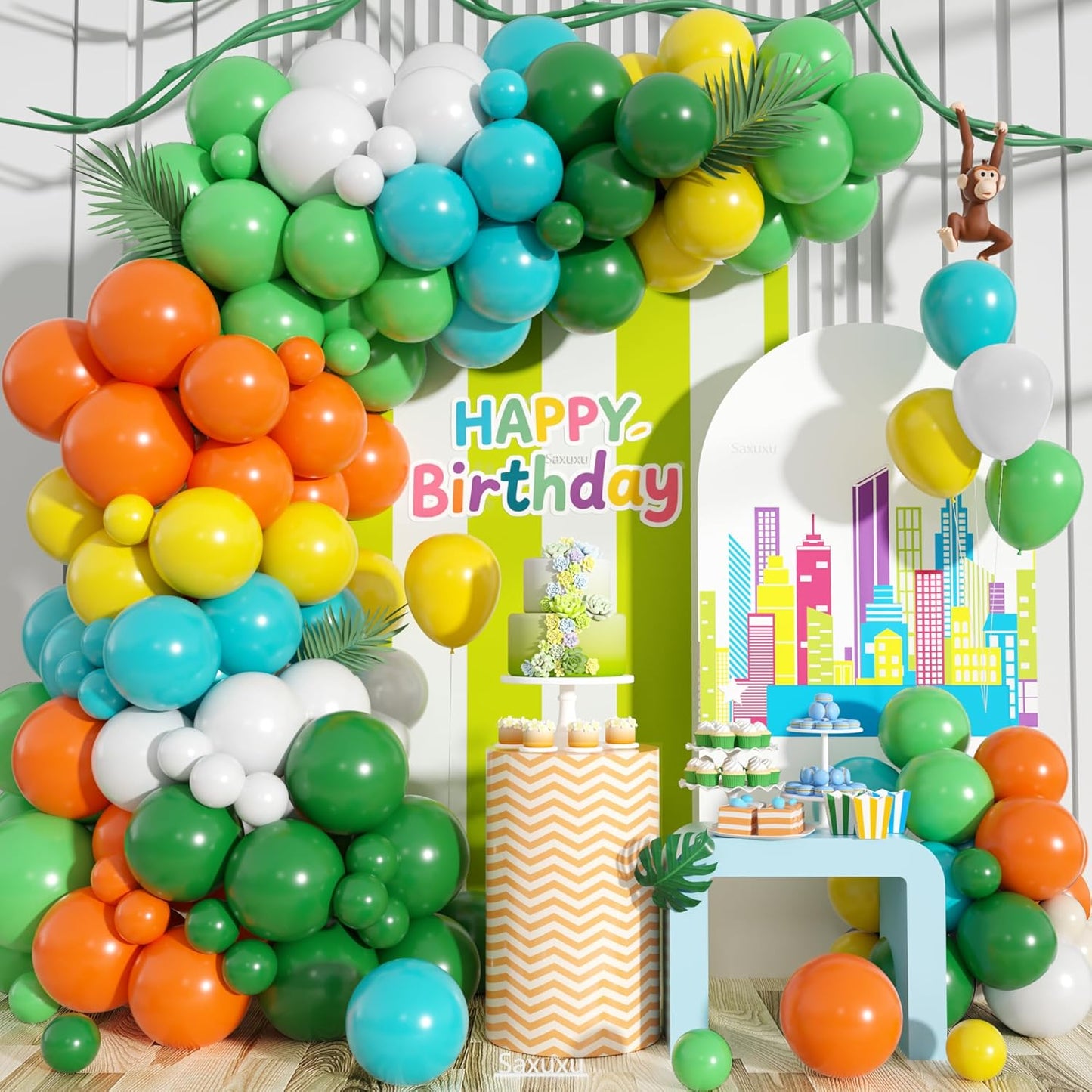 Colorful Balloon Arch Kit, Green White Orange Balloons Garland Arch Kit, Matte Teal Yellow White Light Green Balloons For Birthday Baby Shower Zoo Theme Party Wedding Bachelorette Decorations