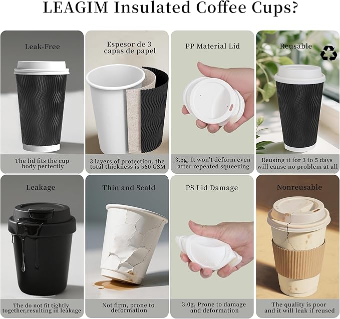 100 Set - 16 oz Coffee Cups with Lids, Disposable Insulated Corrugated Paper Cups, Double Wall Ripple To Go Cups for Hot Drinks, Chocolate, Cocoa (Black)