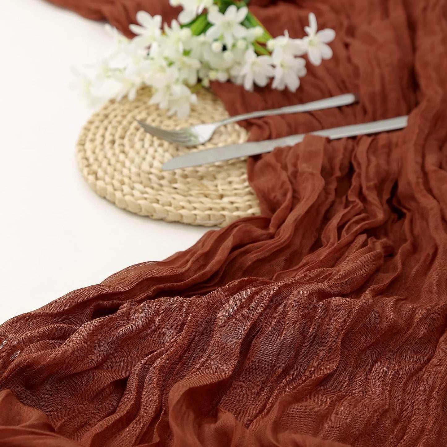 DOLOPL Thanksgiving Table Runner Fall Cheesecloth Table Runner 13.3ft for Thanksgiving Decorations, Rust Gauze Cheese Cloth Runner 160inch Long for Wedding Bridal Baby Shower Table Decorations