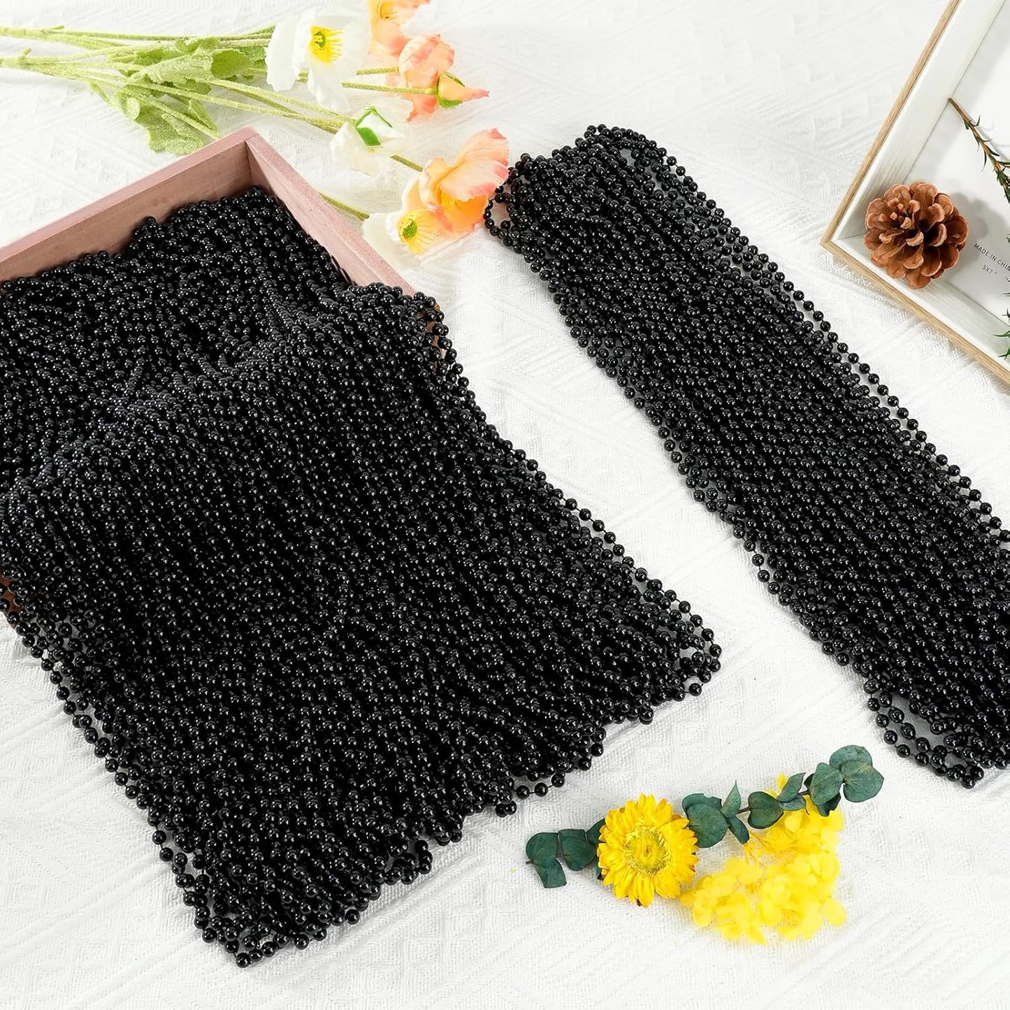 144 PCS Black Bead Necklaces, Black Mardi Gras Beads, New Year Eve Necklaces, 33 Inch Round Halloween Beaded Necklace, Party Beads for Mardi Gras, Christmas, Halloween, New Year Party Favors