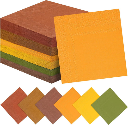 150 Pieces Thanksgiving Fall Paper Napkins Cocktail Napkin Beverage Luncheon Napkins 2 Ply for Autumn Party Favors, 6 Colors