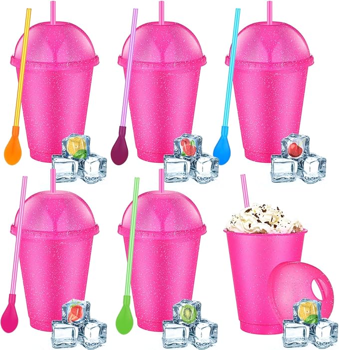 6 Set Slushie Cups with Dome Lids and Straws Detachable Spoon Straws Reusable Plastic Iced Coffee Cups Smoothie Tumbler for Birthdays Summer Party Supplies(Rose Red,16 oz)