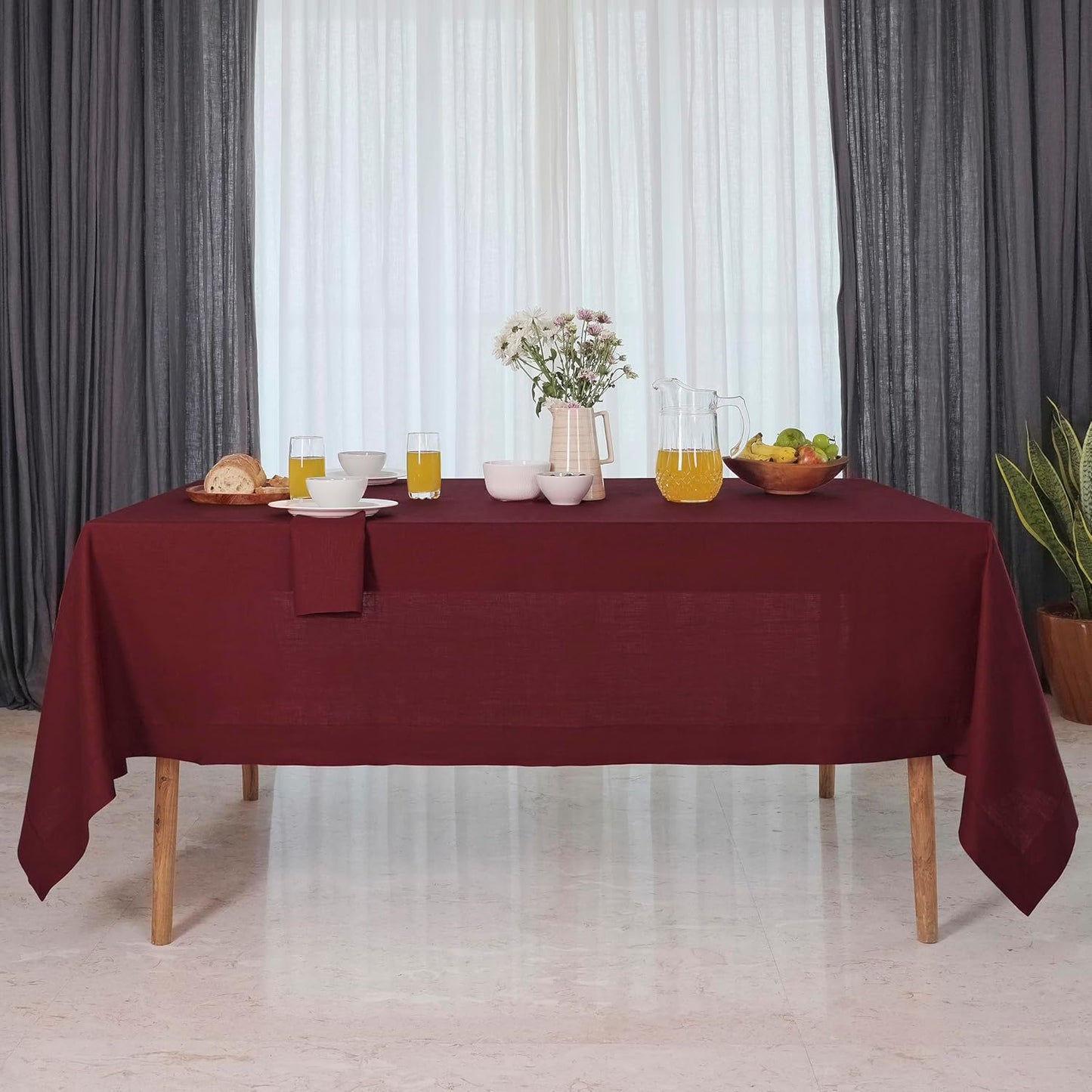 D'Moksha Homes Linen Tablecloth for Rectangle Tables 60 x 144 Inch - 100% Pure Linen Dark Red Table Cloth - Machine Washable Cloth Tablecloth for Fall, Autumn and Halloween