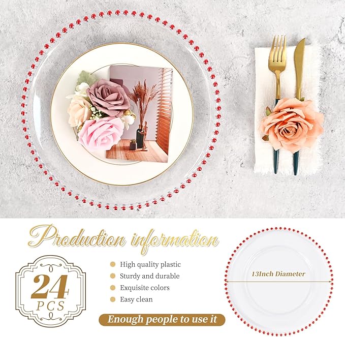 24 PCS Clear Round Charger Plates with Beaded Rim, 13 Inch Plastic Acrylic Plate, Plastic Round Beaded Dinner Decorative Service Plates for Wedding Party Event, Home Kitchen Tabletop(Red)