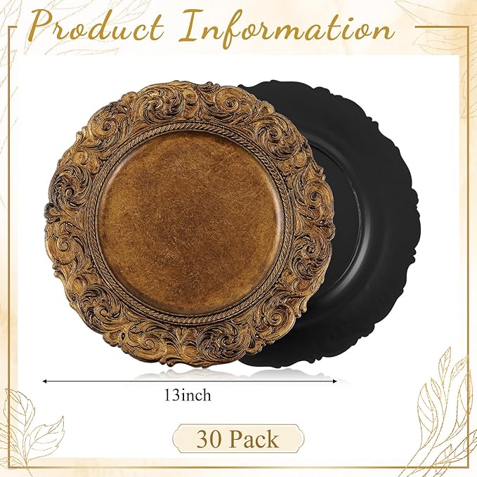 30 Pcs Antique Gold Charger Plates Bulk 13 Inch Embossed Rim Plastic Round Decorative Vintage Plates Charger for Dinner Wedding Party Event Table Setting Decoration (Classic)