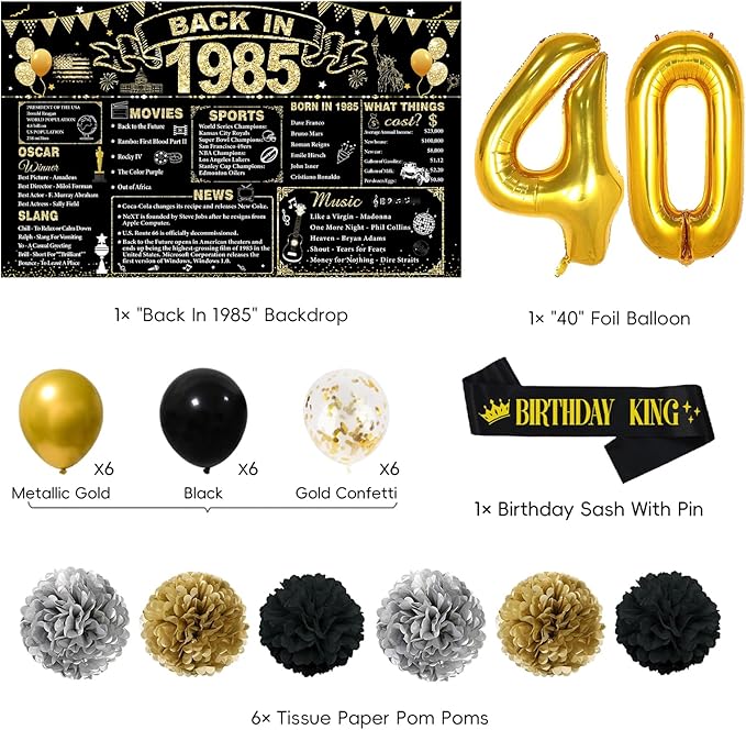 40th Birthday Decorations Men, Black Gold Back In 1985 Birthday Banner Decorations, Vintage 40th Birthday Table Decorations, Cake Topper, Balloons, Backdrop, Sash Party Supplies for Men