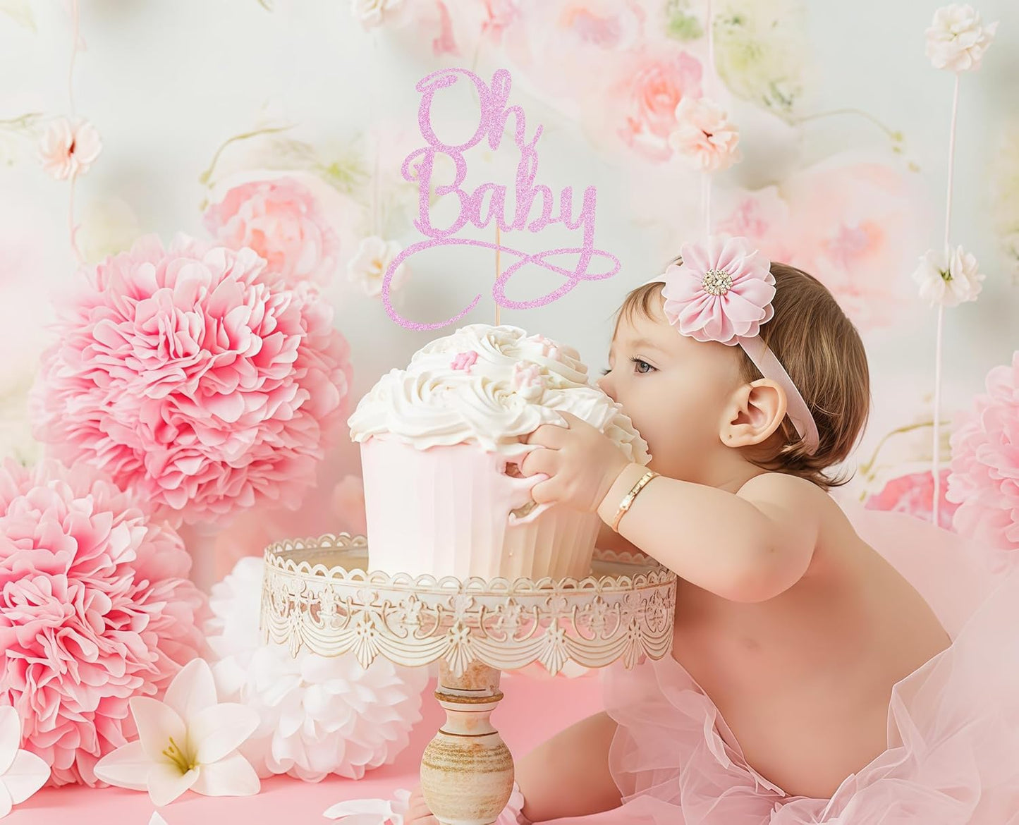 Oh Baby Cake Topper - Pink Glitter Baby Birthday Party Cake Decoration Supplies, for Baby Shower/Gender Reveal Party Photo Booth Props