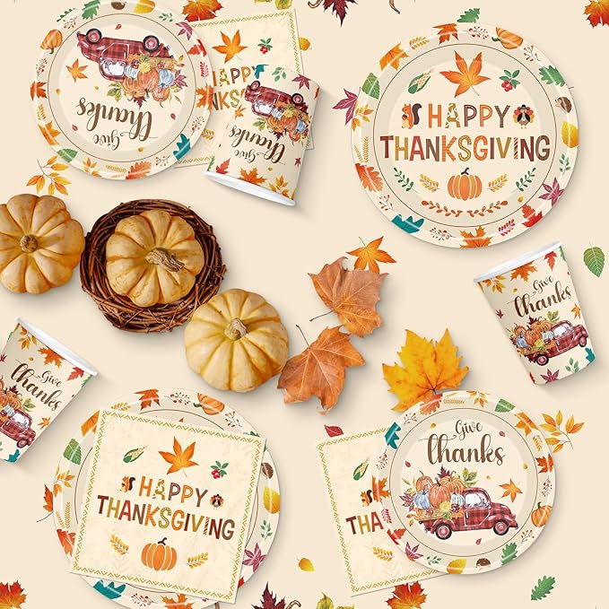 102 Pcs Thanksgiving Party Supplies Sets - Includes Happy Thanksgiving Dinner Paper Plates Napkins, Give Thanks Banner Dessert Plates Cups Tablecloth for Fall Thanks Giving Party Decorations, Serve 25