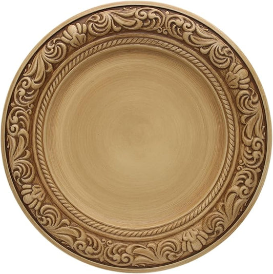 13-Inch Vintage Embossed Charger Plates, Set of 6 - Decorative Antique Gold Plastic Underplates for Dinner Party, Wedding, and Holiday Table Decor - Durable & Reusable Service Plates