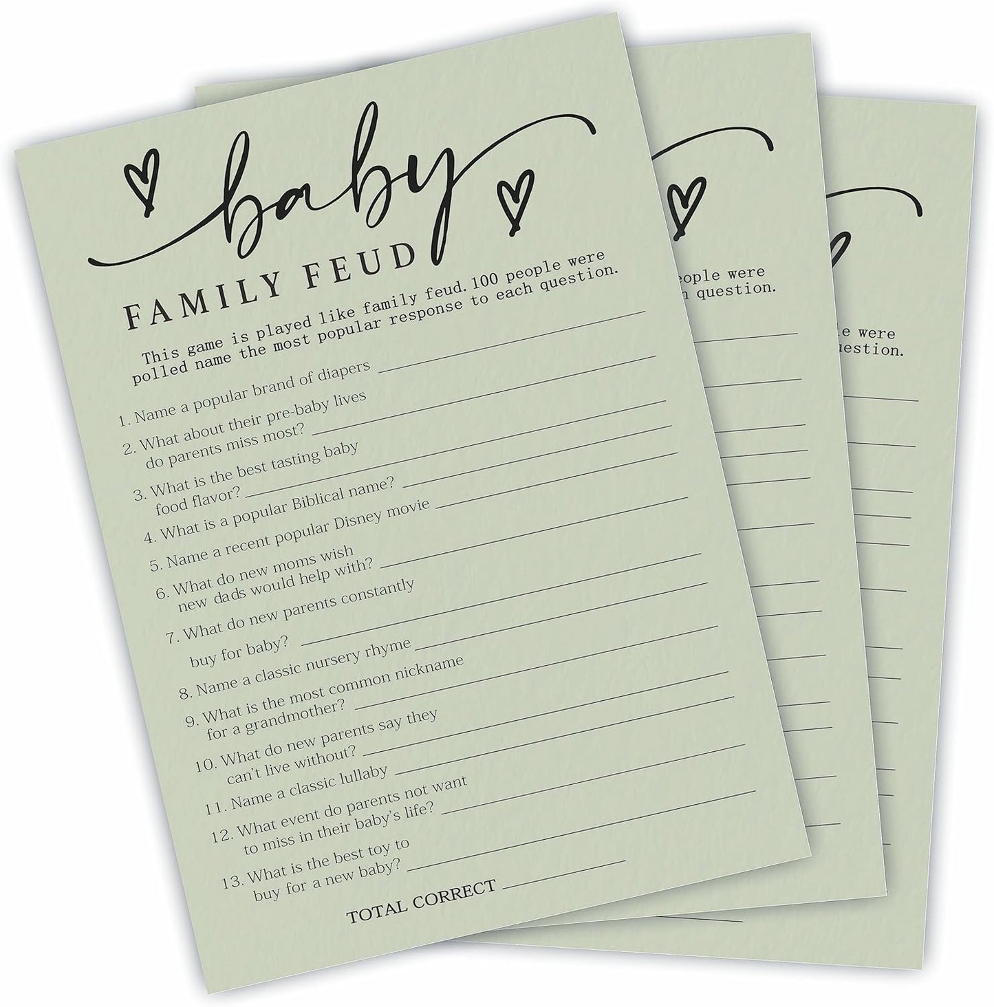 Minimalism Baby Family Feud Game - 5"X7" Moss Green Fill In Style Game Cards, Gender Reveal Party & Activity - Baby Shower Party Favors And Decorations (Pack Of 30 &1 Answer Cards)-B06