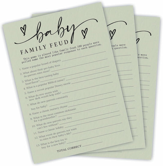 Minimalism Baby Family Feud Game - 5"X7" Moss Green Fill In Style Game Cards, Gender Reveal Party & Activity - Baby Shower Party Favors And Decorations (Pack Of 30 &1 Answer Cards)-B06