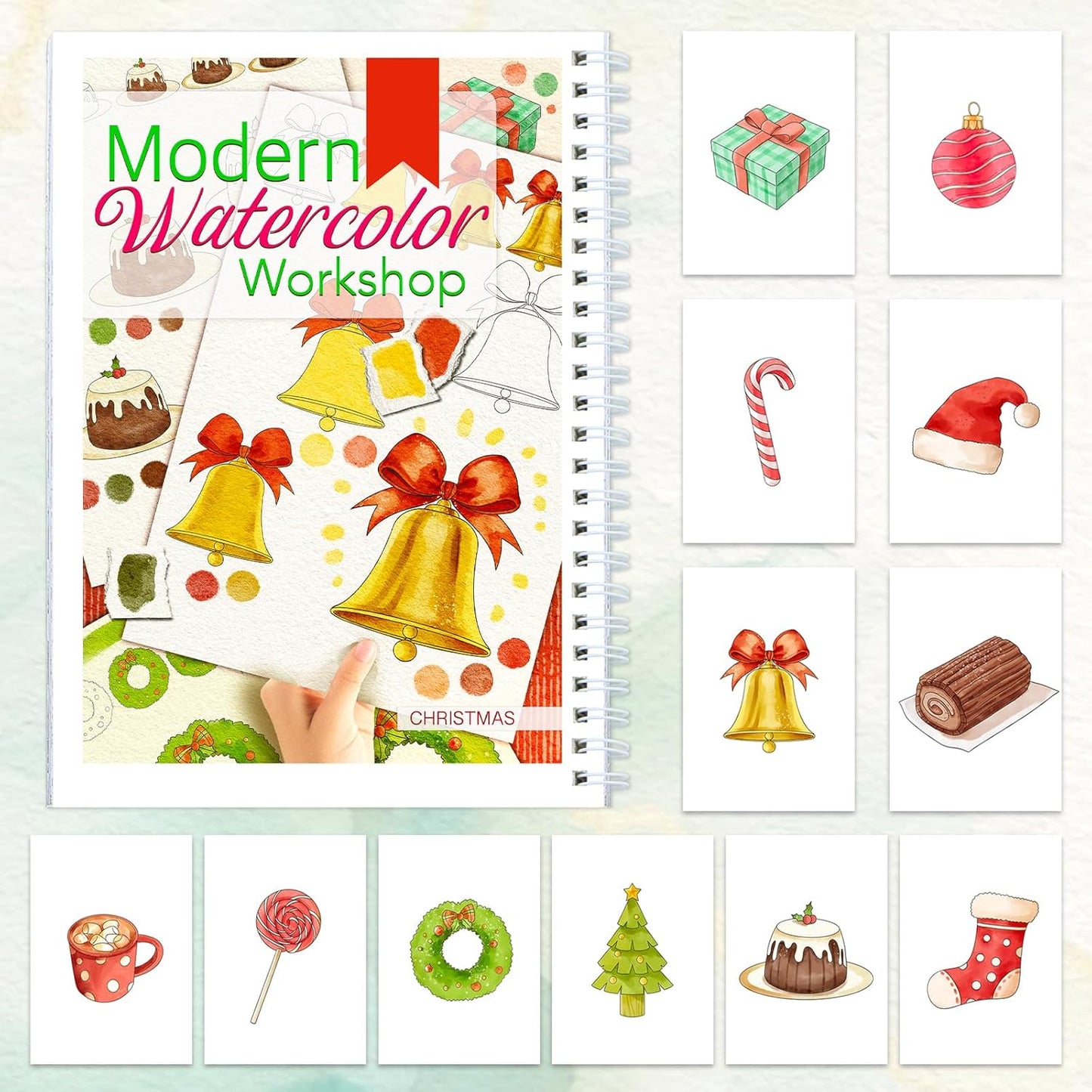 Watercolor Workbooks with Step by Step for Adults Teens - Beginner Watercolor Workbook with 12 Coloring Book Pages -100% Cotton 300gsm/140lb Watercolor Paper(Christmas)