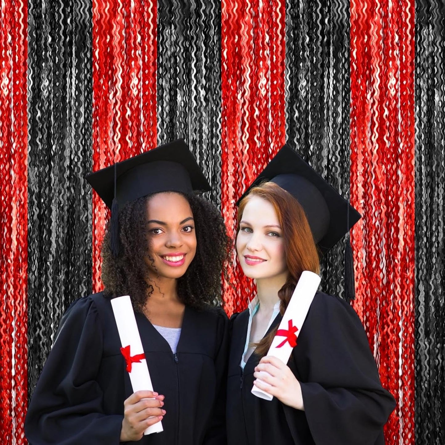 4 Pack Black Red Fringe Curtain Backdrop 3.2Ft x 8.2Ft Metallic Tinsel Foil Fringe Streamers Background for Photo Booth Mother's Day, Easter, Carnival, Birthday, Wedding Party Decoration