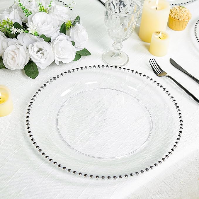 Efavormart 10-Pack Economy Plastic Charger Plates 13" Round Clear with Black Beaded Rim - Stylish Dinner Party Serving Plates