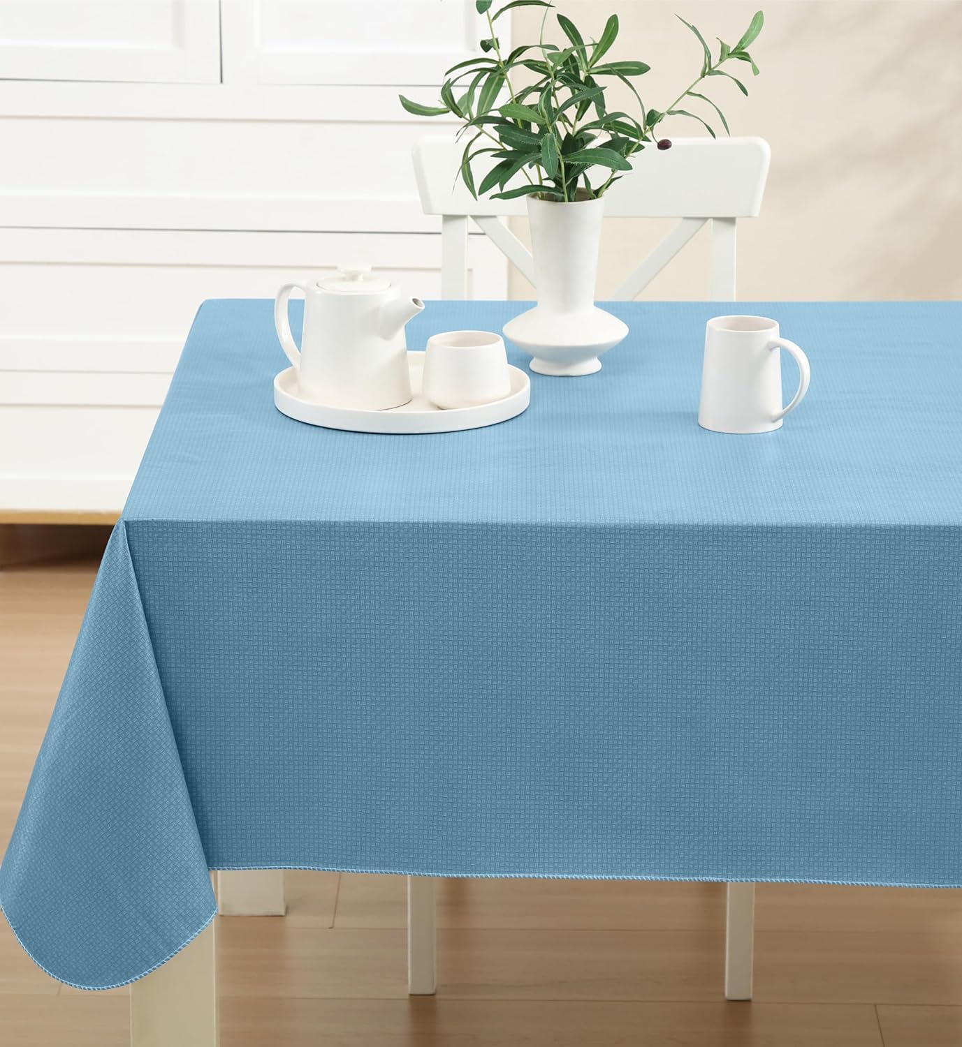 Newbridge Basketweave Vinyl Flannel Backed Tablecloth, 60 x 120 Inch Rectangle, Blue, Basket Weave Textured Indoor Outdoor Waterproof Table Cover for Patio, Kitchen, Dining